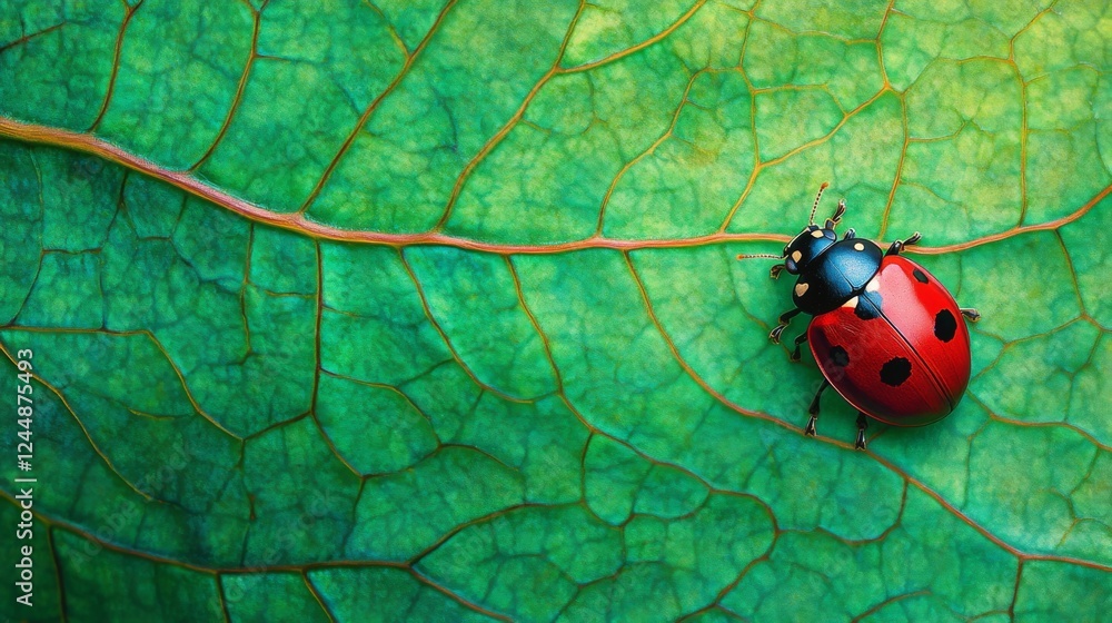 Poster A close-up of a vibrant green leaf with a small ladybug resting on its surface, showcasing the intricate details of the insect and the texture of the leaf.