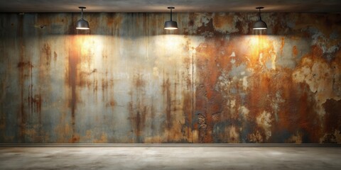 Rustic Interior Design Three Pendant Lights Illuminate a Weathered Concrete Wall in an Empty Room