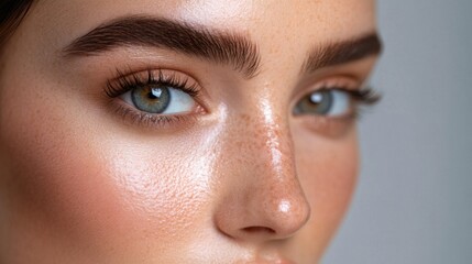 Fototapeta premium A close-up of a womans face with dewy skin and subtle makeup, her eyes gazing into the camera with a gentle expression, set against a neutral background.