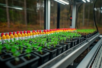 Rows of vibrant green plants in a modern automated greenhouse