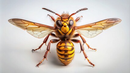 Fototapeta premium Close-up view of a large, hairy wasp with striking yellow and brown markings on its abdomen and wings spread wide