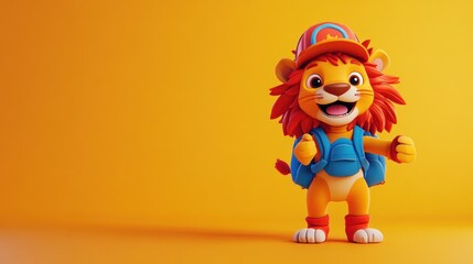 Cheerful cartoon lion cub wearing a backpack and cap, giving thumbs up against a yellow background.