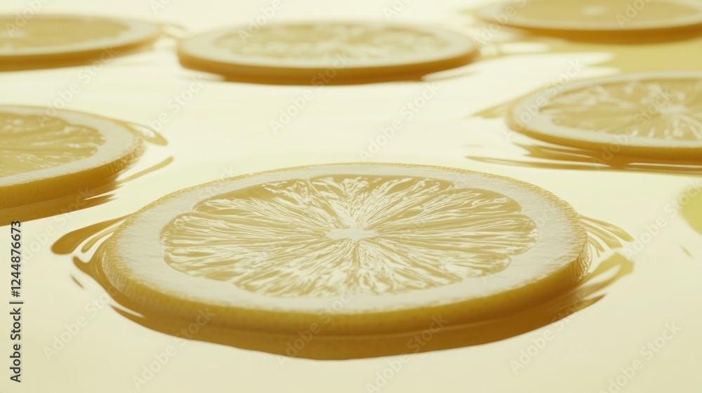 Poster close-up of lemon slices floating in yellow liquid, creating a vibrant and refreshing image.