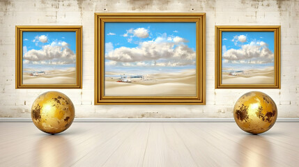 Surreal Room Displays Golden Eggs and Desert Landscapes in Gold Frames, Evoking a Dreamlike Atmosphere