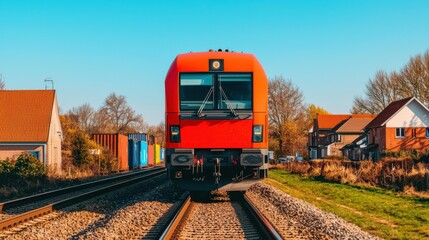 Freight Train Passing Through Scenic Rural Railway Crossing with Colorful Autumn Foliage Lining the Tracks in the Countryside