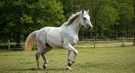 Obraz premium White Horse Galloping in Green Pasture