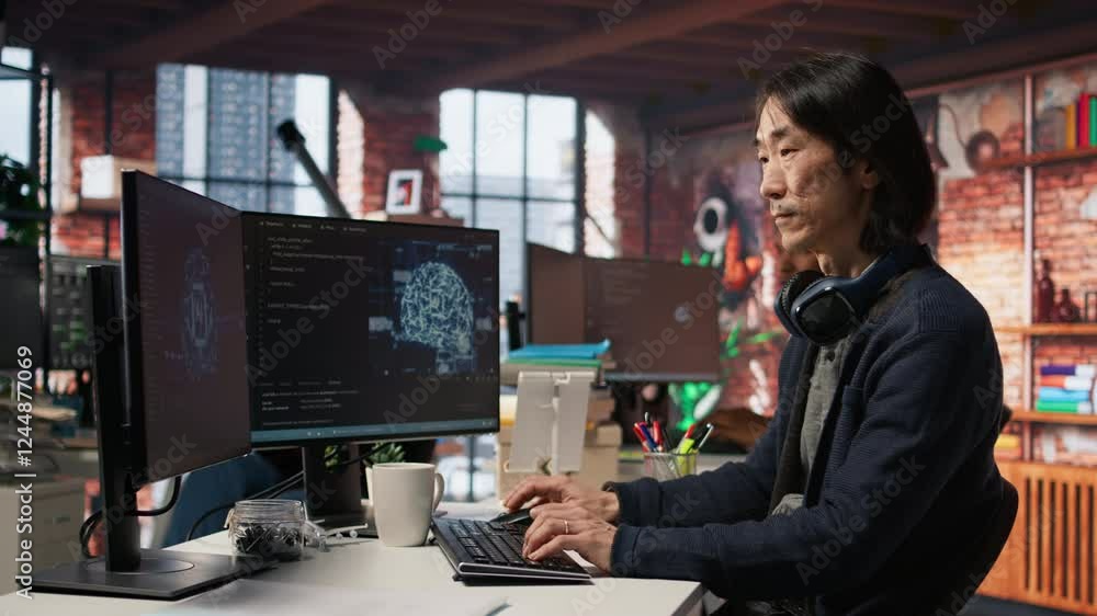 Poster ai startup senior programmer overseeing deep learning application, thinking how to improve software.