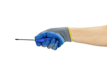 Male Hand Wearing Blue Work Glove Holding a Screwdriver, Isolated on White Background with Clipping Path – Hand Tool Concept for Construction, Repair, or DIY Projects