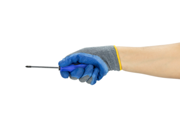 Male Hand Wearing Blue Work Glove Holding a Screwdriver, Isolated on White Background with Clipping Path – Hand Tool Concept for Construction, Repair, or DIY Projects