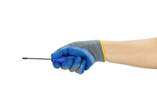 Male Hand Wearing Blue Work Glove Holding a Screwdriver, Isolated on White Background with Clipping Path – Hand Tool Concept for Construction, Repair, or DIY Projects