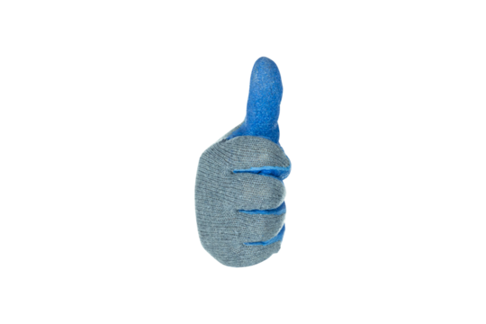 Front view of blue Work glove with Raise your thumbs up isolated on white background with clipping path