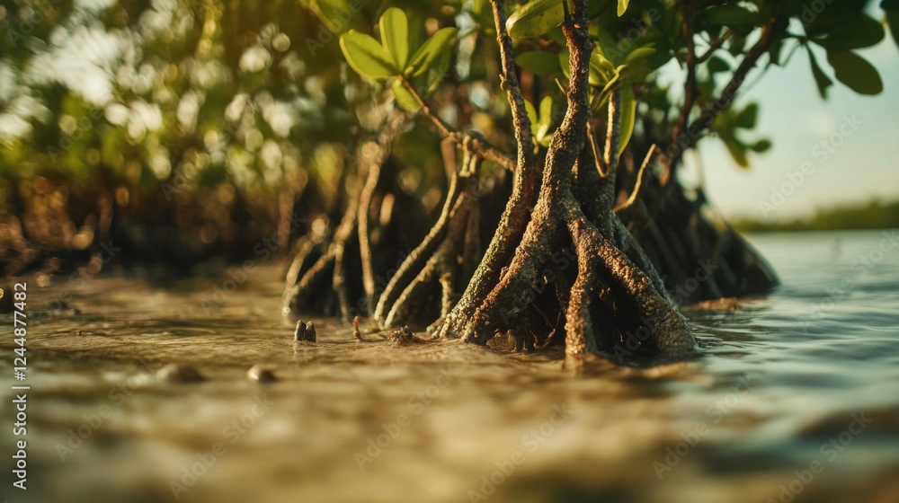 Poster a close-up of mangrove tree roots rising from the water, surrounded by lush foliage and small tidal 