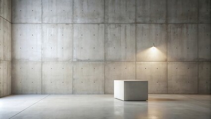Minimalist interior scene  a single cube on polished concrete floor against a textured wall with subtle lighting