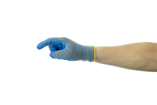 A man's hand wearing a blue work glove makes a gesture of pressing something isolated on white background with clipping path.