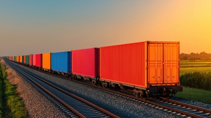 Fototapeta premium Colorful freight train carrying cargo containers passing through a scenic rural landscape with fields sky and warm sunset colors Representing the transportation and logistics industry