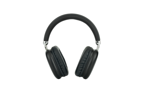 Black wireless headphones isolated on a white background with clipping path.