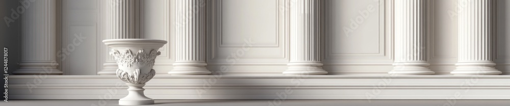 Poster white urn sits on a ledge against a background of classical columns.