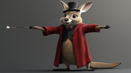 A charming cartoon kangaroo in a magician's costume,  holding a wand, against a grey background.