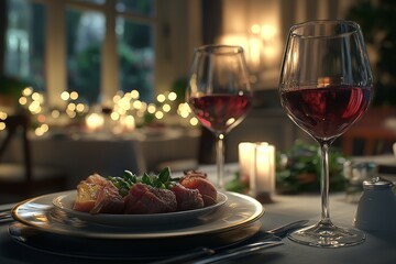 Romantic dinner, wine glasses, candlelight, indoor setting, restaurant ambiance