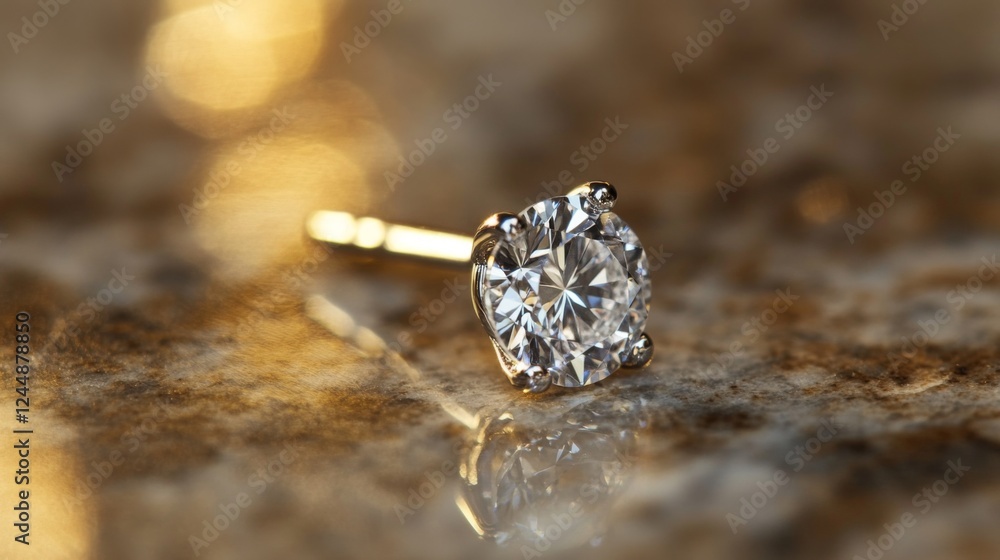 Poster A close-up shot of a single diamond earring, showcasing its cut and setting, resting on a marble surface with subtle reflections enhancing its shine