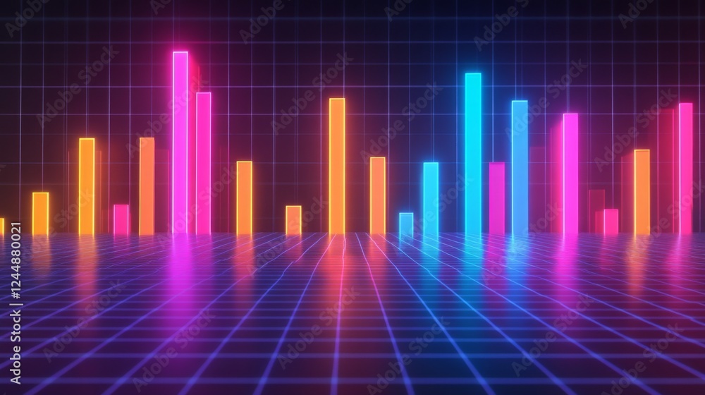 Poster a colorful d bar graph rising on a grid background, with glowing bars representing data growth, and 
