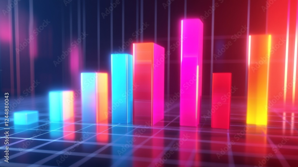Poster a colorful d bar graph rising on a grid background, with glowing bars representing data growth, and 