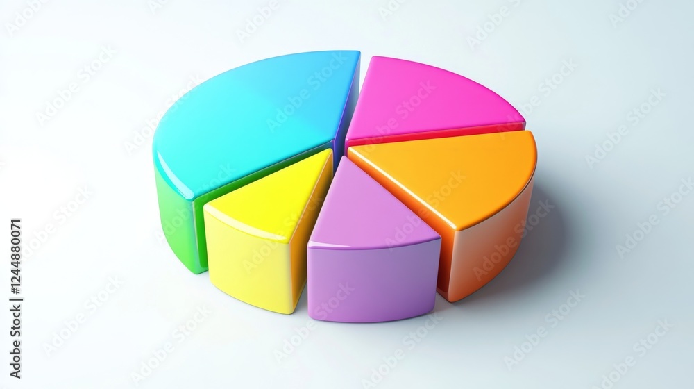 Poster a colorful d pie chart with vibrant segments floating slightly above a white surface, each slice lab