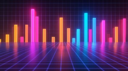A colorful D bar graph rising on a grid background, with glowing bars representing data growth, and labels indicating different statistics.