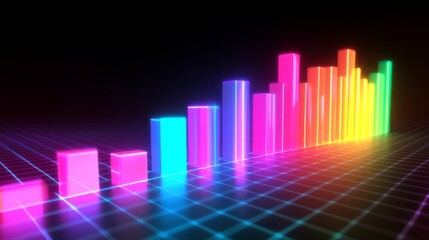 A colorful D bar graph rising on a grid background, with glowing bars representing data growth, and labels indicating different statistics.