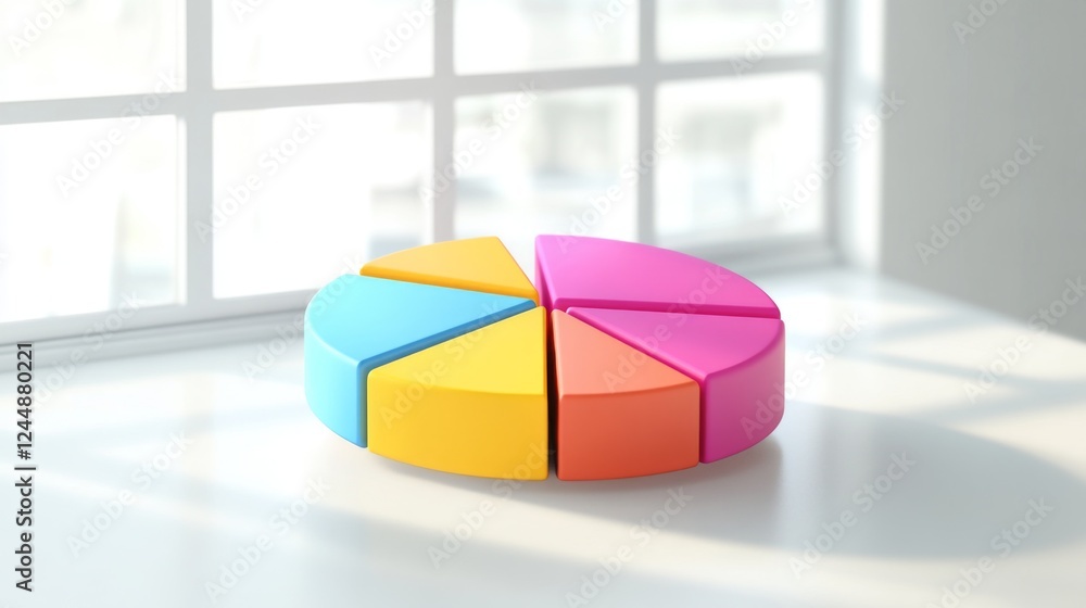 Poster a colorful d pie chart with vibrant segments floating slightly above a white surface, each slice lab