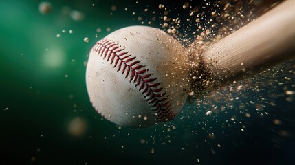 Fototapeta premium Close up action shot of a baseball colliding with a bat during an intense athletic competition on a sports field This dynamic image captures the power energy and speed of the game