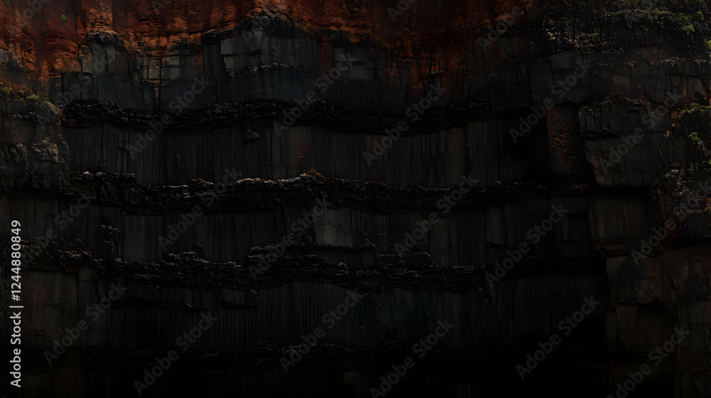 Poster dark cliff face displays layers of rock formations with hints of reddish soil above.