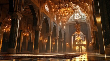 Obraz premium Majestic Interior of a Grand Mosque with Ornate Chandeliers and Arched Windows