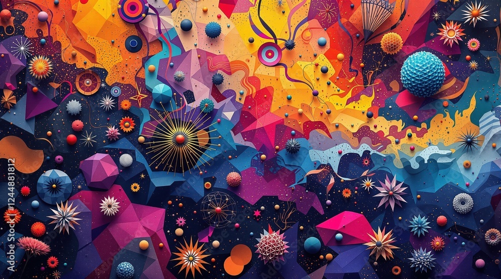Poster colorful abstract geometric paper art with dynamic shapes and patterns