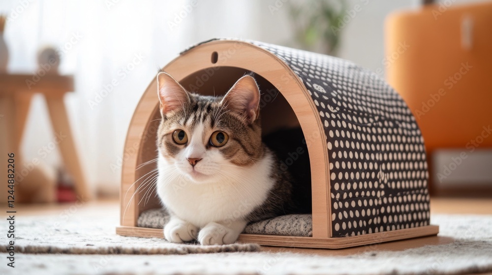 Poster a contemporary cat house made of fabric and wood, featuring playful patterns and textures, set in a 