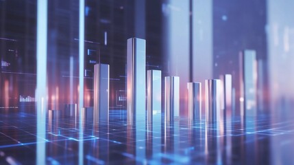 A corporate-style D bar chart with silver and blue bars, set on a reflective surface with floating data labels and a digital grid background.
