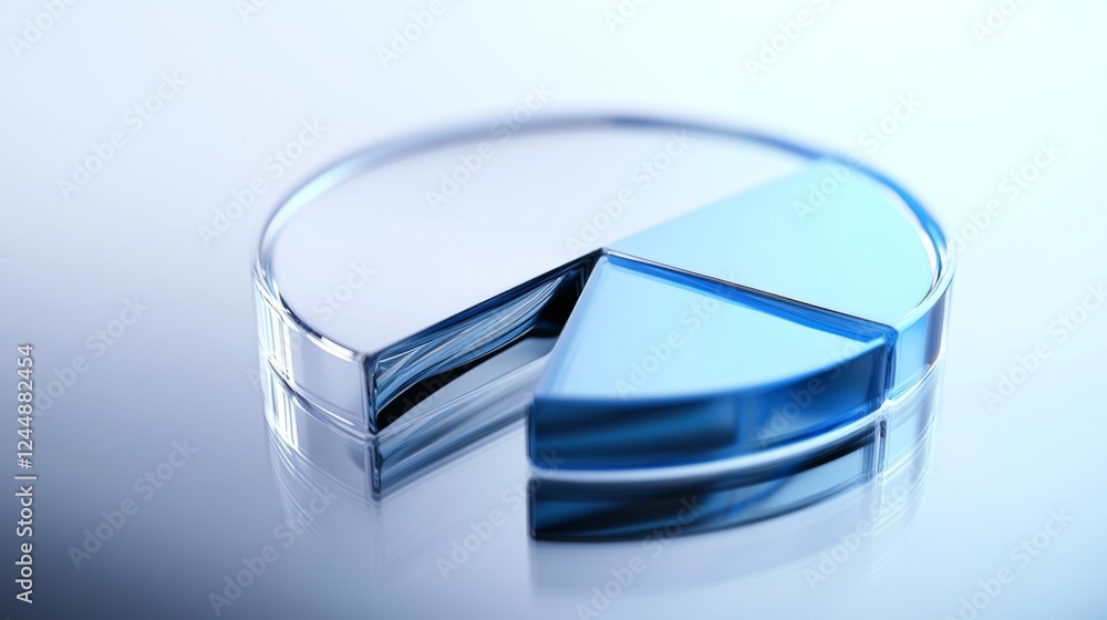Aufkleber A corporate D pie chart with glossy silver and blue segments, with one slice slightly pulled out to highlight its significance, displayed on a reflective surface.