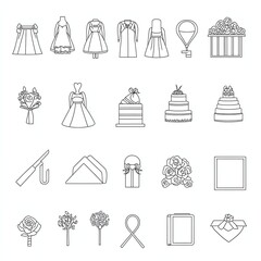 Line art icons for wedding planning dresses, cake, flowers, gifts, and more.