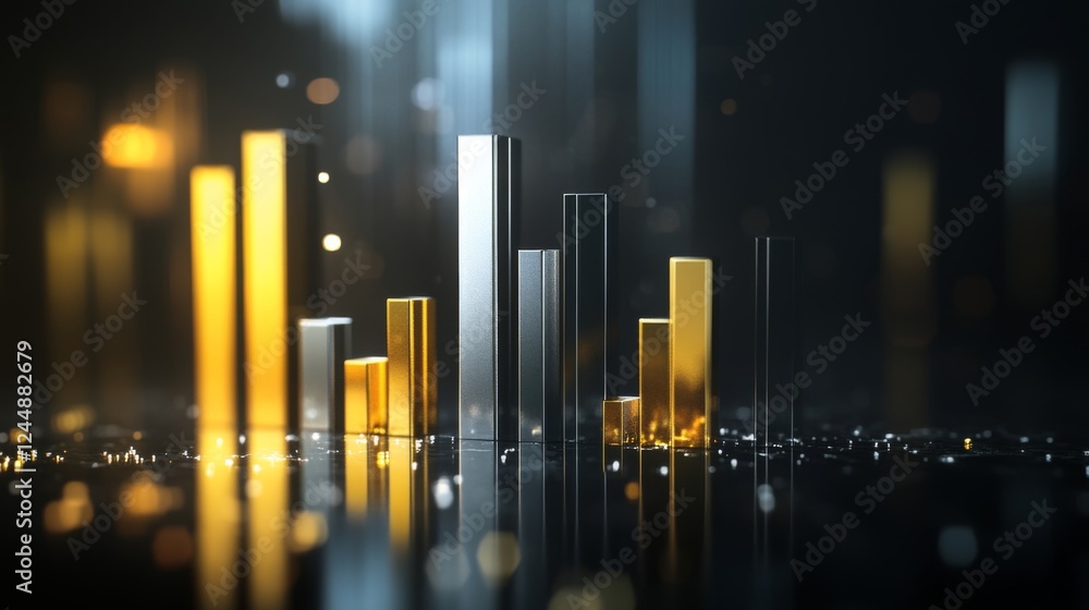 Aufkleber A corporate bar graph with silver and gold bars, representing financial performance, set against a dark background with subtle reflections and floating labels.