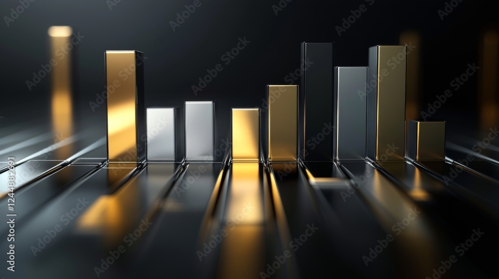 Aufkleber A corporate bar graph with silver and gold bars, representing financial performance, set against a dark background with subtle reflections and floating labels.