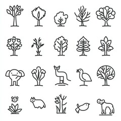 Collection of simple line art icons depicting various trees, animals, and plants.