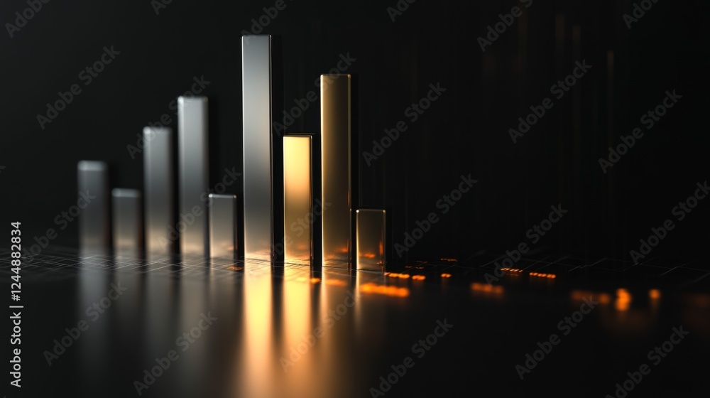 Aufkleber A corporate bar graph with silver and gold bars, representing financial performance, set against a dark background with subtle reflections and floating labels.