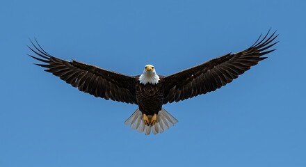 Naklejka premium Majestic Bald Eagle Soaring in Blue Sky