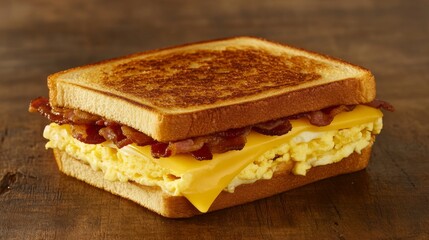 A creative composition of a breakfast sandwich layered with eggs, cheese, and crispy bacon, set against a rustic wooden background for a homey feel