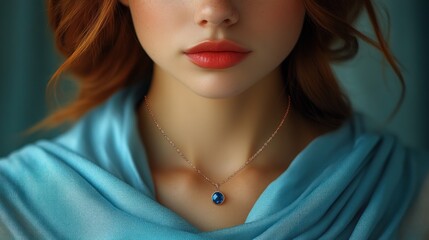 Woman, necklace, blue, shawl, portrait, studio, calm, beauty, fashion, ad