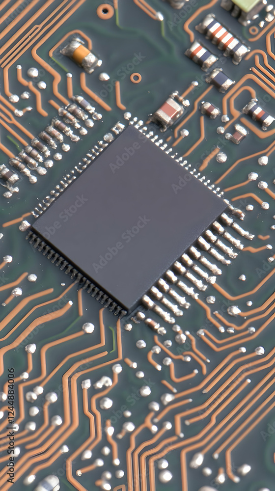 Poster close-up of microchip on circuit board shows intricate electronic components and pathways.