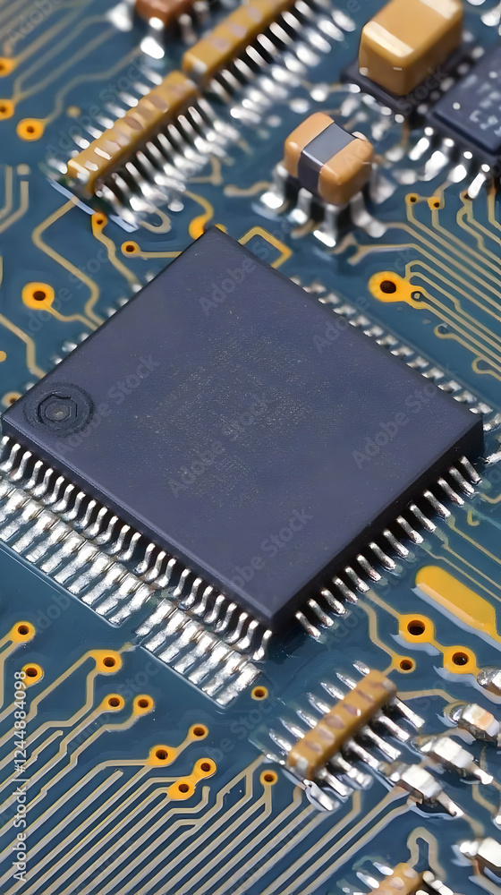 Poster close-up of microchip on circuit board showing complex electronic components and connections.