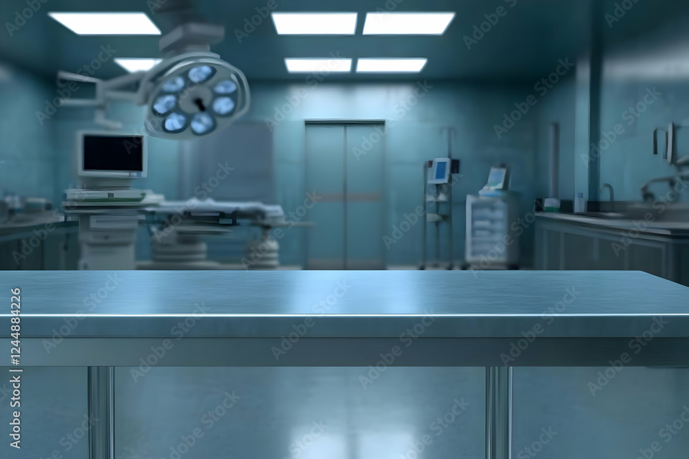 Poster empty metal table in a blurred operating room background for product placement or medical display