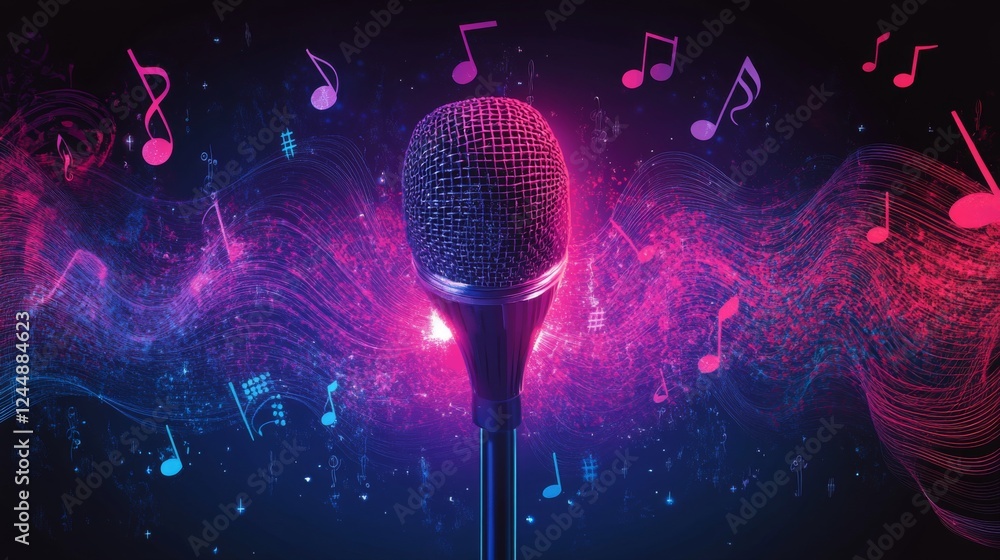 Aufkleber a creative representation of a microphone surrounded by sound waves and musical notes, visually illu
