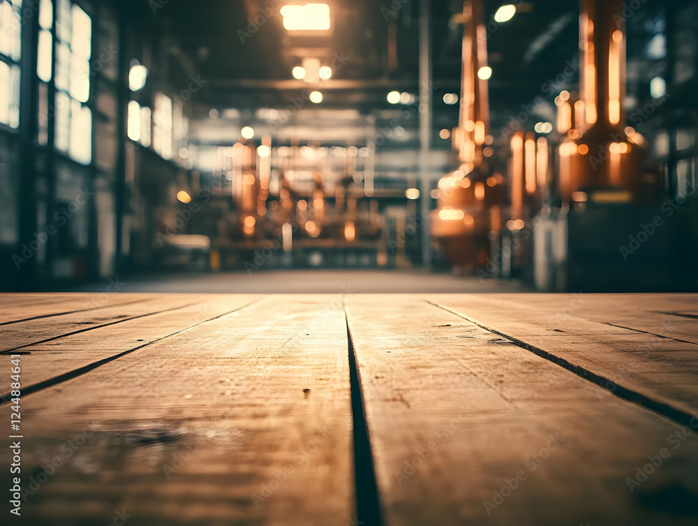 Poster empty wooden table top with blurred industrial background creates a rustic and inviting atmosphere.